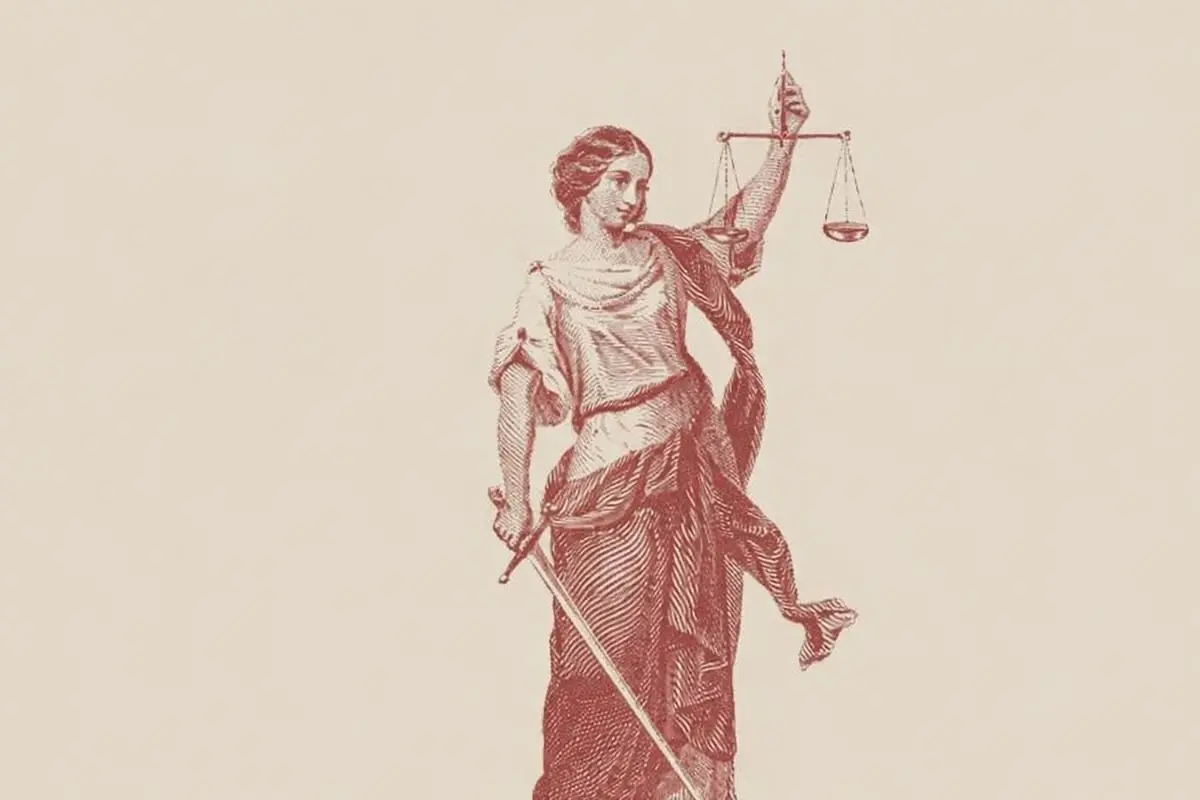 Grabado de la Justicia con balanza y espada